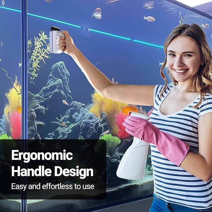 Aquarium Magnet Glass Cleaner, Magnetic Fish Tank Cleaner with Algae Scraper, Double Sided Cleaning Scrubber Brush with Handle, Titanium Blade, Self-Floating, Fit 1/4