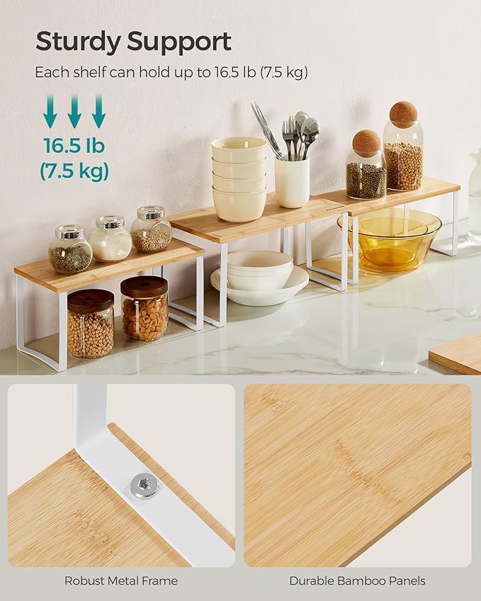 SONGMICS Cabinet Organizer Shelf, Set of 3 Kitchen Counter Shelves, Kitchen Storage, Spice Rack, Stackable, Expandable, Cloud White and Natural Beige UKCS014W01
