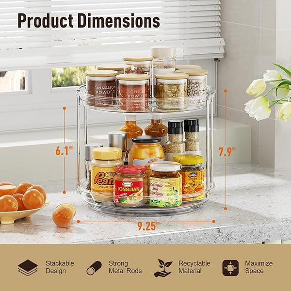 2 Pack 2 Tier Lazy Susan Organizer, 9.25'' Lazy Susan Turntable for Cabinet, Stackable Turntable Organizer Rotating Spice Rack Organization for Kitchen Countertop, Pantry, Bathroom, Clear