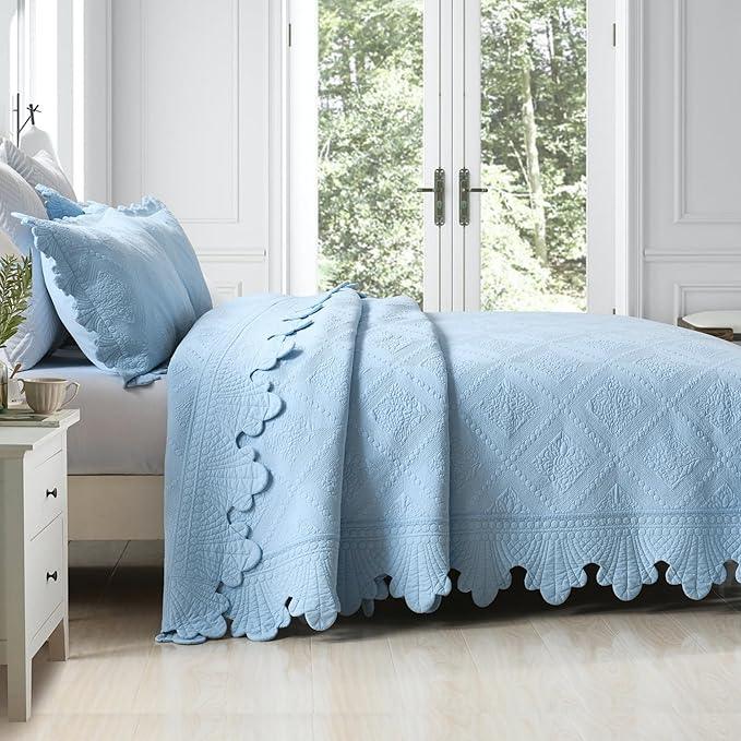 MarCielo 3-Piece 100% Cotton Oversized Bedspread Lightweight Quilt Coverlet Embroidery Farmhouse Bedding Set (TK Light Blue, Oversized King (118