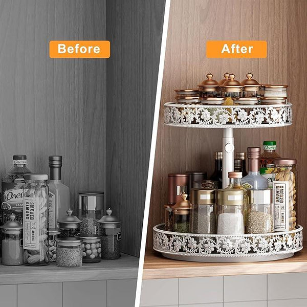 2 Tier Lazy Susan Organizer Turntable Adjustable,12 Inch Two Tier Lazy Susan Metal Easy Assembly Cleaning, Rotating Spice Rack Organizer for Cabinet Dining Table Kitchen Countertop White