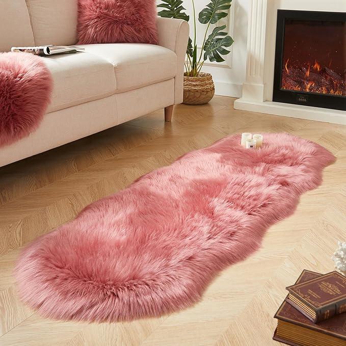 AMTOVO Faux Sheepskin Rug, Blush Pink Ultra Soft Fluffy Shag Area Rug, 2 x 6 ft Faux Fur Rug for Bedroom Sofa Throw Cushion Room Decor, Sheepskin