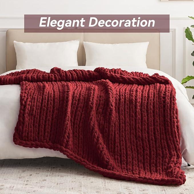 Chunky Knit Throw Blanket, 30''*40'' Knitted Throw Chenille Yarn for Bed Couch, Handmade Red Crochet Big Thick Blanket, Machine Washable Cute Comfy Blanket for Home Decor