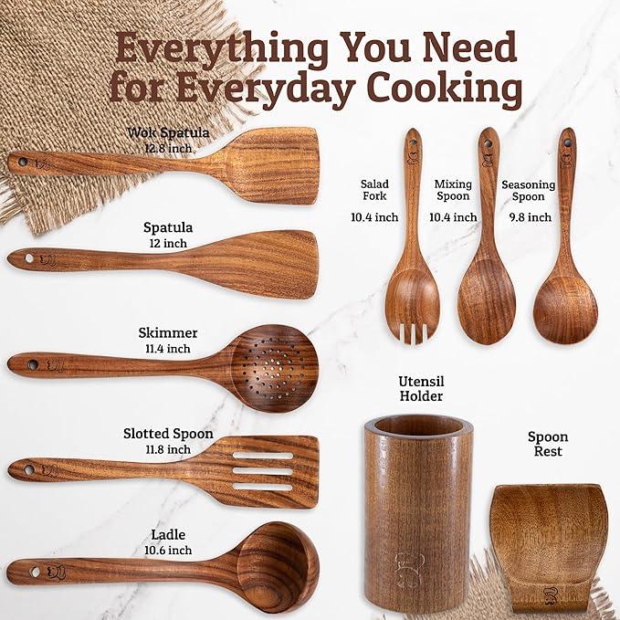 PriorityChef Premium Wooden Spoons for Cooking - 8pc with Utensil Holder, Spoon Rest and Hanging Hooks, Smooth Finish Teak Wooden Utensil Set, Heat-Resistant & Nonstick Safe, Ideal for Gifting
