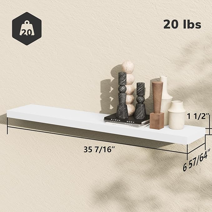 BAMEOS Floating Shelves, 35 in W x 7in D White Wall Mounted Wooden Shelves with Invisible Brackets Set of 2, Hanging Wall Shelves Decoration for Bedroom and Kitchen