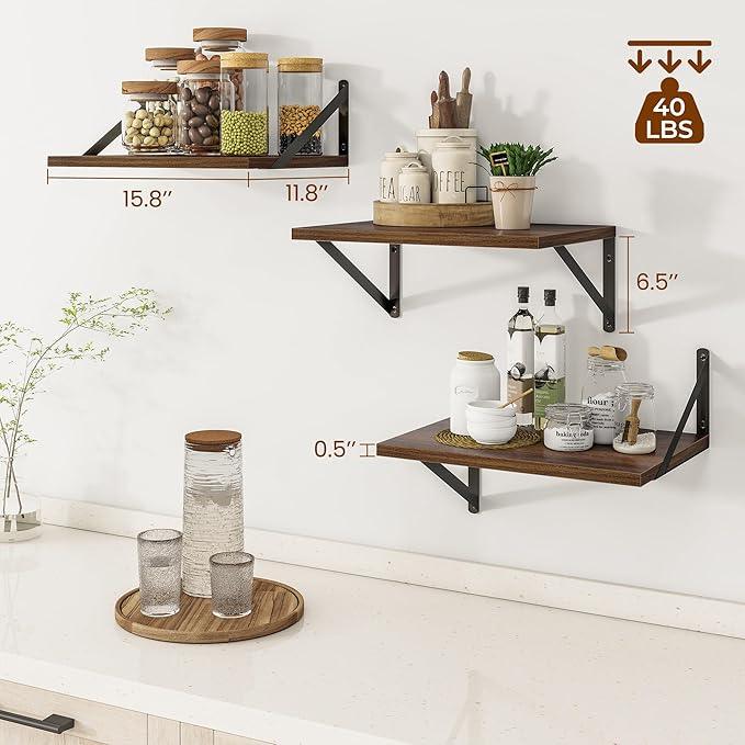 Heimlove Deep Floating Shelves for Wall, 12 Inch Deep Floating Shelves Set of 3, 16W x 12D Wood Wall Shelves, Wide Wood Shelves with Metal Bracket for Living Room, Kitchen, Office, Bedroom - Walnut