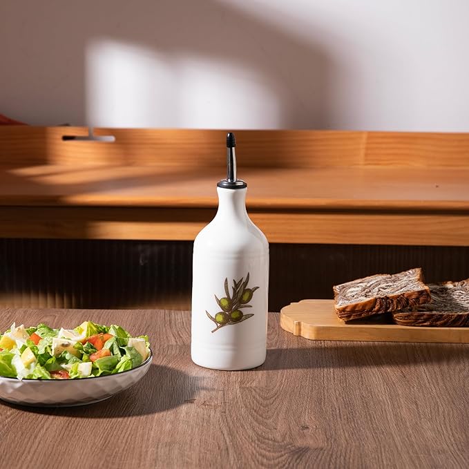 Sweejar Porcelain Olive Oil Dispenser Bottle, Opaque Oil Cruet Protects Oil to Reduce Oxidation, Suitable for Storage of Oil, Vinegar, Soy Sauce and Other Liquids, Pack of 1, 15.5 Oz (Olive Leaf)