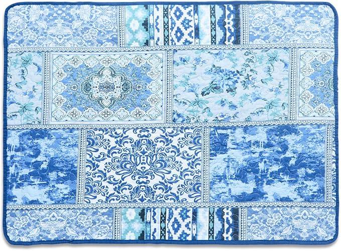 NEWLAKE Quilted Cotton Bed Pillowcases, Blue Classic Bohemian Pattern, 2 Pieces, 20x27 Inch