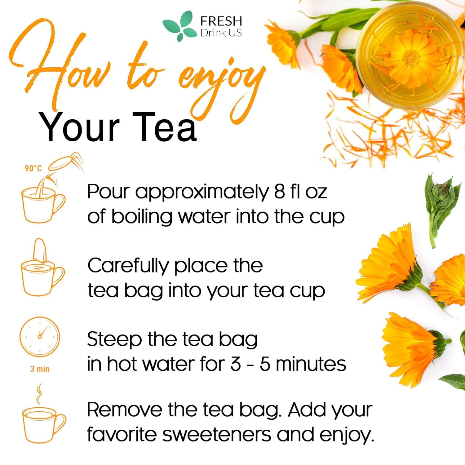 Calendula Tea Bags, 100% Natural and Pure Calendula Flowers, Eco-conscious Tea Bags. Calendula Flower Herbal Tea. No Sugar, No Caffeine, No Gluten, Vegan.