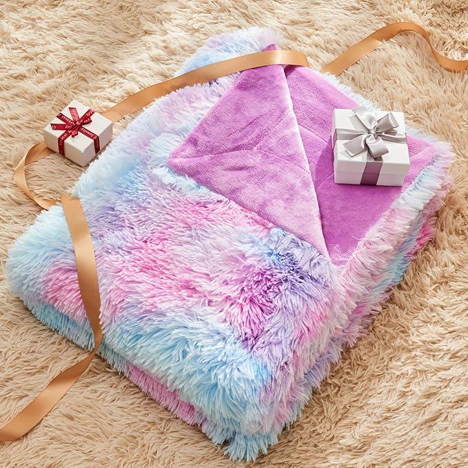 GONAAP Fuzzy Faux Fur Throw Blanket Twin Size Purple Rainbow Super Soft Cozy Plush Fuzzy Shaggy Blanket for Couch Sofa Bed (Purple Rainbow, Twin(60