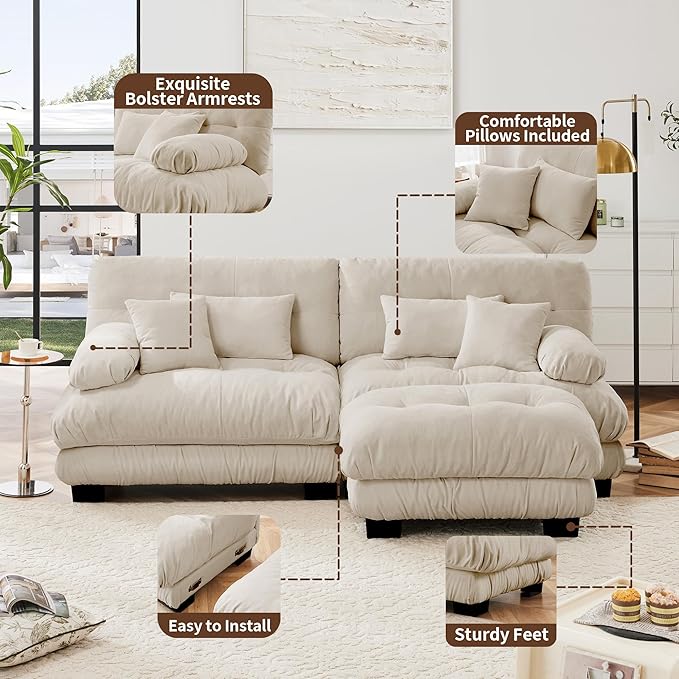 Modular Sectional Sofa, L Shaped Couch with Ottoman, 2 Seater Cloud Couch Small Couches for Small Spaces, Modern Deep Seat Sofa Living Room Oversized Loveseat W/Bolster Armrests 4 Pillows