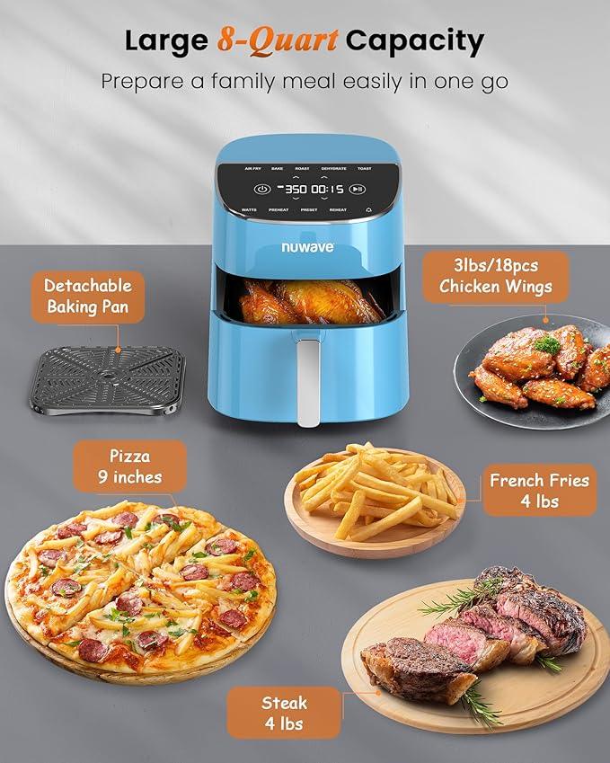 Nuwave Brio Plus Air Fryer 8 Qt, New & Improved, PFAS-FREE, 7 Digital One-Touch Cook Functions that AIR FRY, BAKE, ROAST, DEHYDRATE, TOAST, REHEAT, PREHEAT, 150 Presets, 50°F~400°F (Cozy Blue)