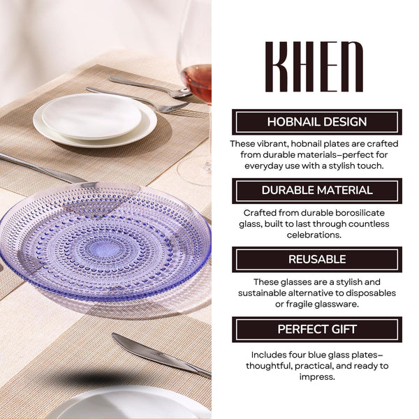 Glass Hobnail Dinner or Charger Plates | Set of 4 | Blue
