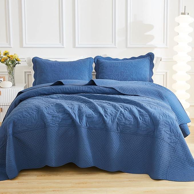 MarCielo 3-Piece 100% Cotton Oversized Bedspread Lightweight Quilt Coverlet Embroidery Farmhouse Bedding Set T0 (Midtone Blue, Oversized King (118