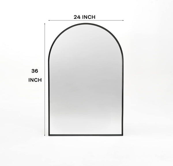 24x36 Inch Black Metal Framed Arched Wall Mirror with dimensions labeled, showcasing its tall arched design ideal for modern home decor.