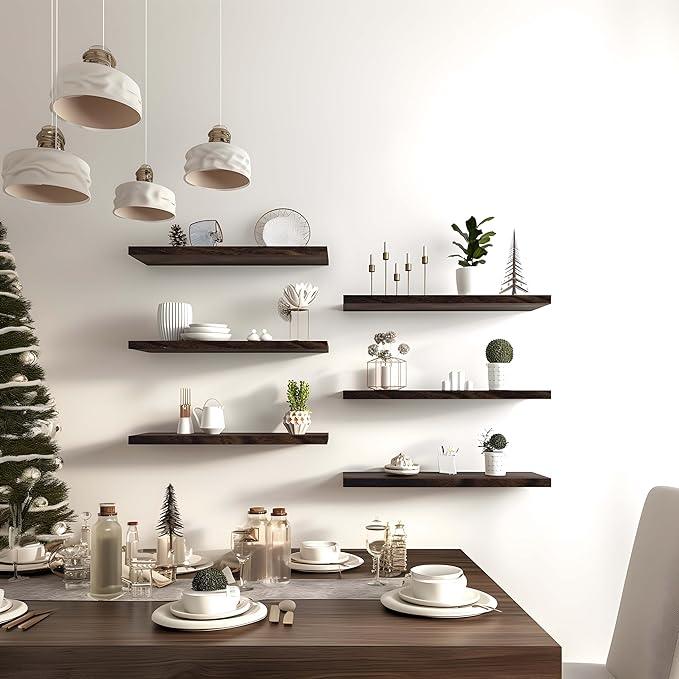 Brown Wood Floating Shelves for Wall Rustic Wall Shelves for Bedroom Set of 6