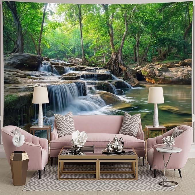 BSFHH Nature Tapestry Forest Tree Sea Cave Wall Hanging, Stream Through Rainforest Landscape Wall Art Tapestry for Bedroom Living room (Creek, 90
