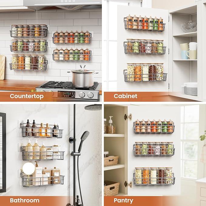 5 Pack Spice Rack Seasoning Organizer Wall Mount, Screw or Adhesive Hanging Shelf Basket Spice Organizer Shelf for Kitchen, Gray