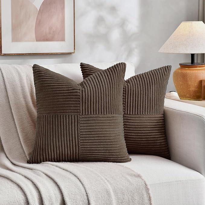 Fancy Homi 2 Packs Dark Brown Euro Decorative Throw Pillow Covers 26x26 Inch for Couch Bed, Rustic Farmhouse Boho Home Decor, Soft Corss Corduroy Patchwork Textured Square Cushion Case 66x66 cm