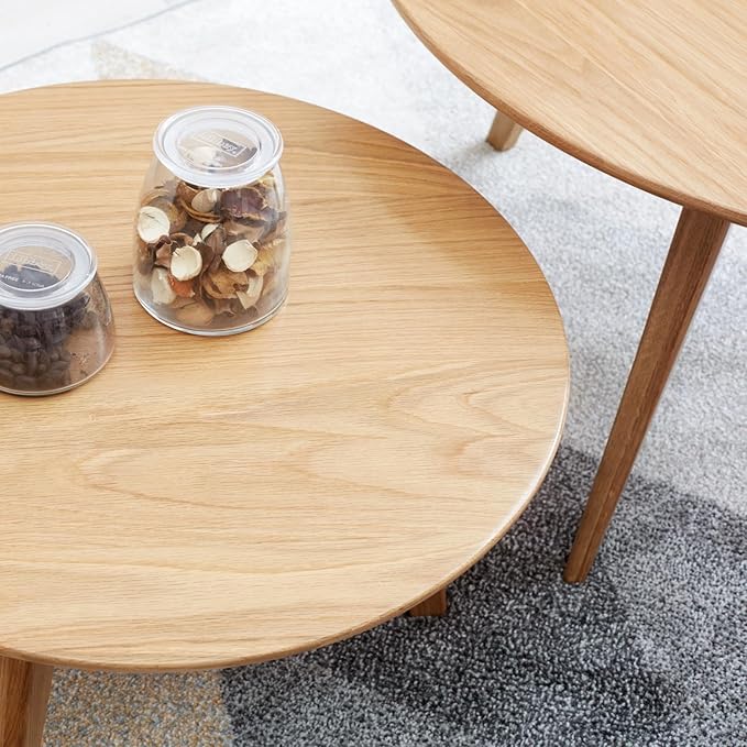 100% Solid Oak Wood Mini Coffee Table, Round Living Room Table Side Table w/Solid Wood Legs, Walnut Mid Century Sturdy Tables for Bedroom Balcony Living Room (23.62