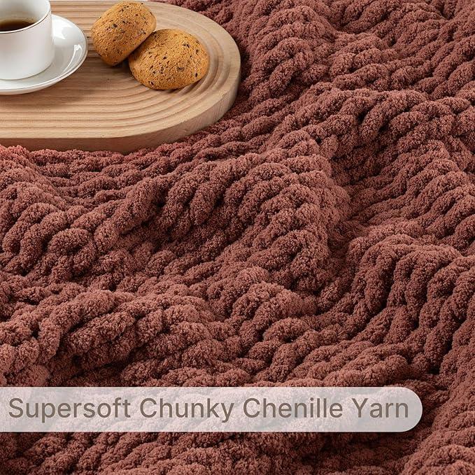 Chunky Knit Blanket Throw, 100% Hand Knit Throw Blanket Handmade Chenille Cable Knit Throw for Couch, Stylish Cozy Soft Rope Knot Crochet Blanket for Home Decor, Copper Brown, 40x50 Inches