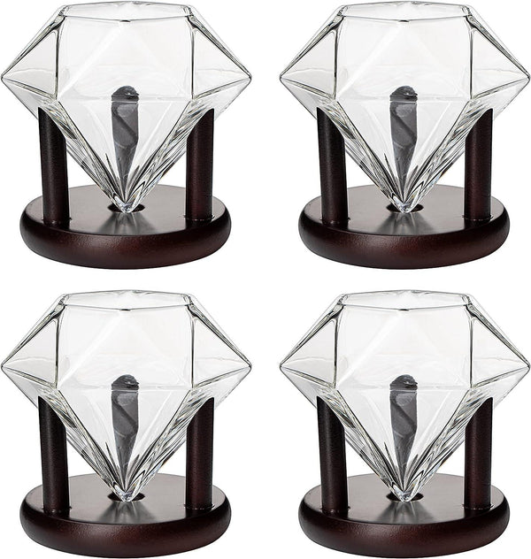 Set of 4 Diamond Whiskey & Wine Glasses With Wood Stands 10oz - Wine, Whiskey, Water, Diamond Shaped, Diamonds Collection Sparkle Patented Wine Savant - Stands Alone, Or on Stand