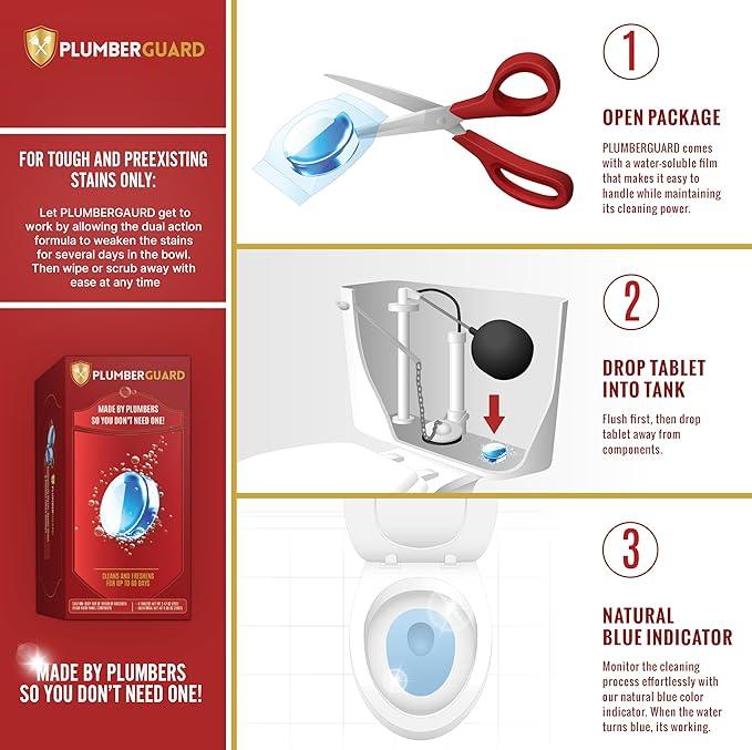 Toilet Tablets 4 Pack | Bleach & Chlorine Free, Dual-action Whitening with 1% Hydrogen Peroxide | Plumbers' Choice | Automatic Toilet Bowl Cleaner Tablets | Long-lasting Cleaning Supplies