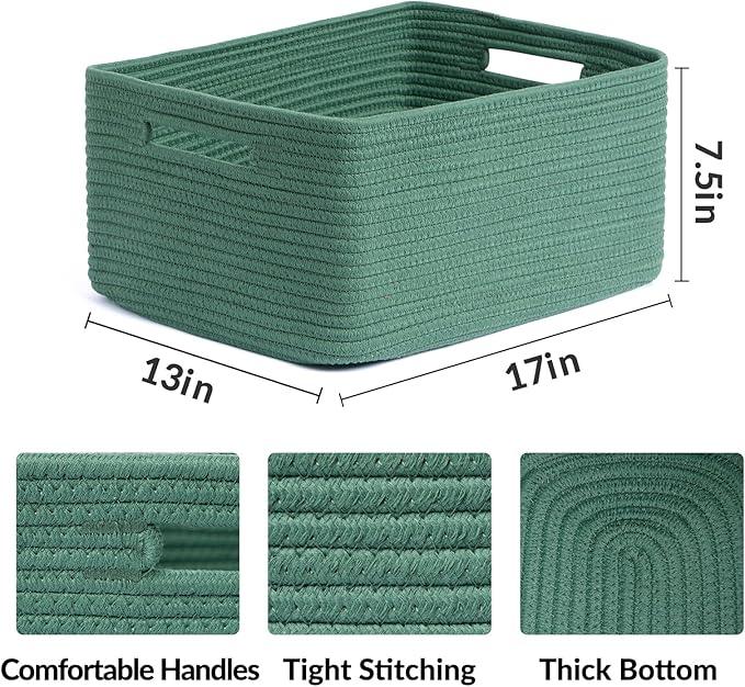 Large Storage Baskets for Shelves, Closet Organizers Bins for Clothes Blanket Towels, Baby Nursery, Toy Baskets Box, Woven Rope Baskets, 17 x 13 x 7.5”, 2 Packs Green
