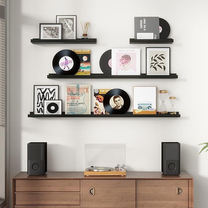 Picture Ledge Wall Shelves 48 inches Width Set of 3, Solid Pine Wood Rustic Floating Ledge Shelves for Wall for Kids' Room Bedroom Kitchen Bathroom Long Floating Shelves for Wall Decor, Black