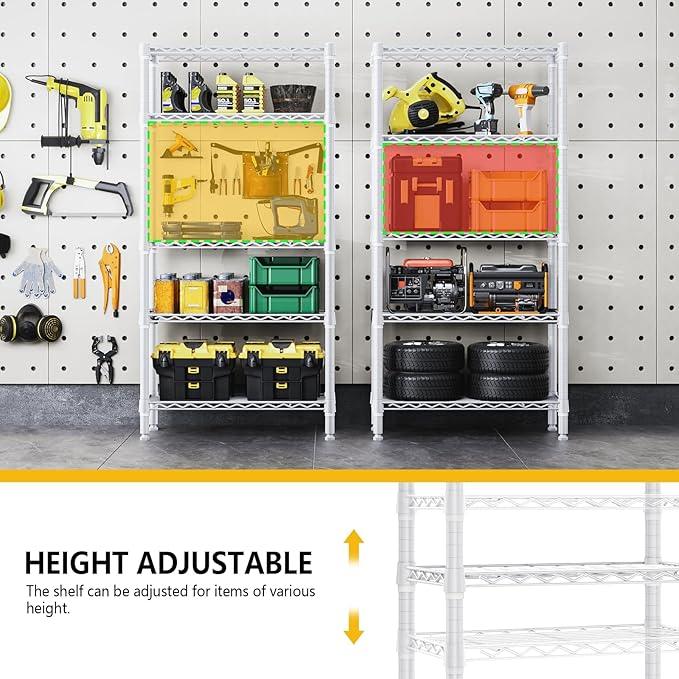 1250 lbs 5 Tier Shelf Metal Storage Shelves Wire Rack Closet Organizers for Garage Kitchen Bathroom Laundry White 11.8