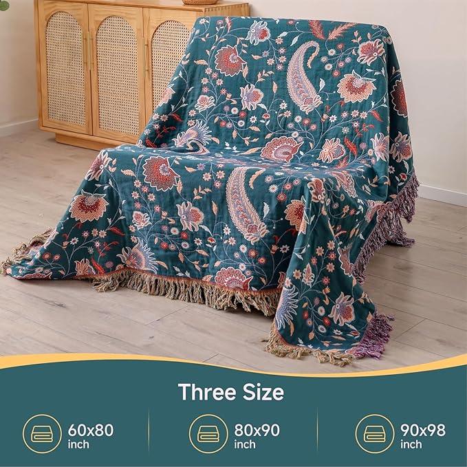 Boho Throw Blanket for Bed,100% Ultra Cotton Soft Breathable Bed Throw Floral Printed Farmhouse Decor Rustic Bed Throws for Couch Sofa Quilt White Flowers 60