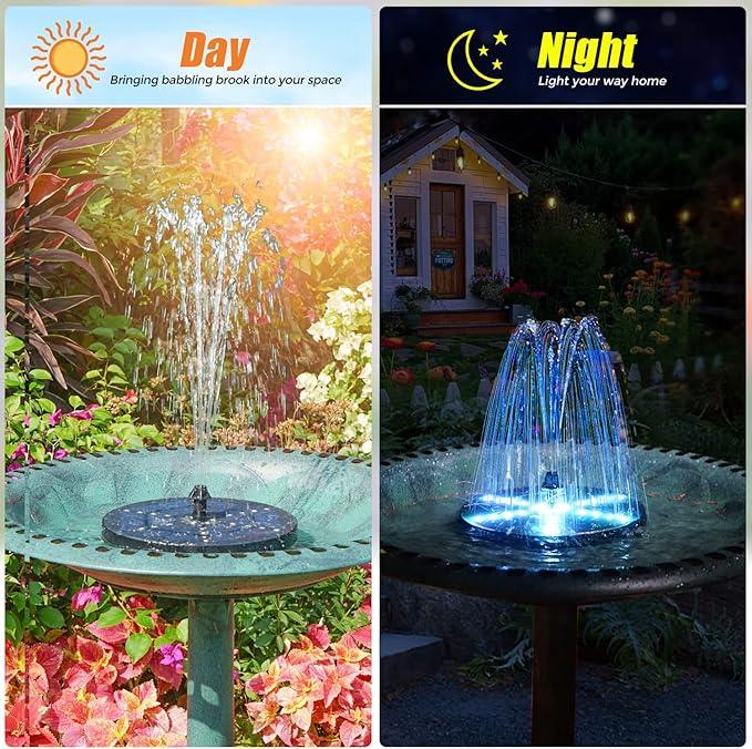 Solar Bird Bath Fountains Upgraded, 4W Solar Powered Water Fountain Pump with 7 Nozzles & 4 Fixers, 4000 Battery, 7 Colors LED Light for Garden, Pond, Pool, Fish Tank, and Outdoor