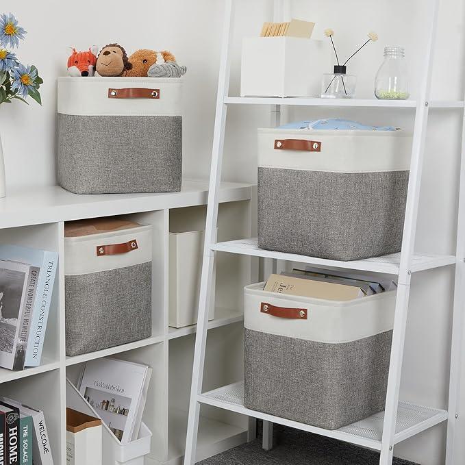 DULLEMELO [Set of 4 Storage Cubes Baskets for Organizing, 12 x 12 x 12 inch Cube Storage Organizer Bins with Leather Handles, Foldable Fabric Cloth Bins for Cube Storage(4 Pack - 12