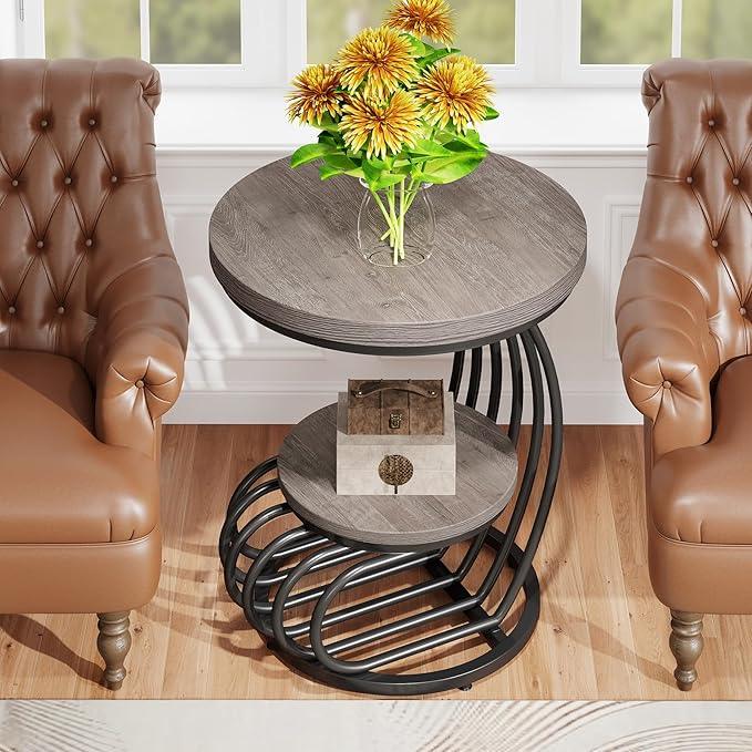 Tribesigns Round End Table: 2 Tiers Wood Side Table with Storage Shelf, Rustic Gray Bedside Nightstand, Metal Arc-Shaped Frame Accent Table for Living Room, Bedroom
