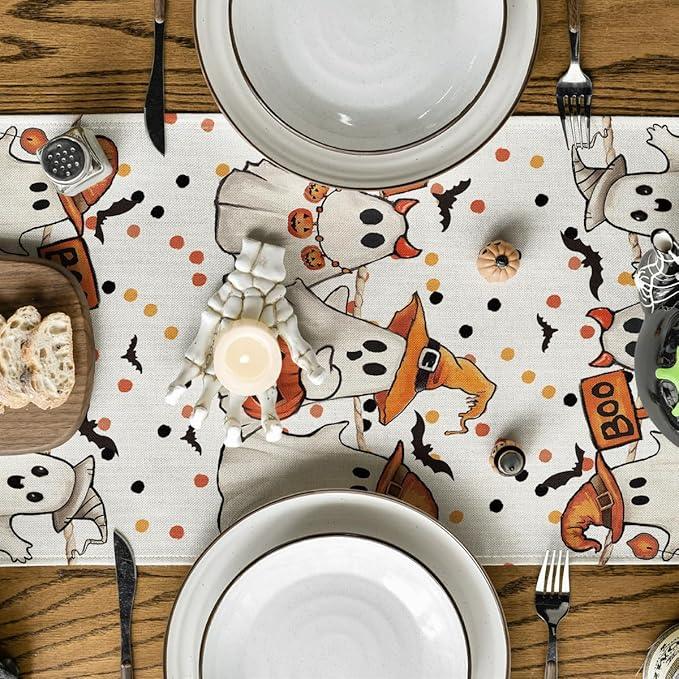 Artoid Mode Beige Ghost Jack-O'-Lantern Black Cat Halloween Table Runner,Holiday Kitchen Dining Table Decoration for Home Party Decor 13 x 36 Inch