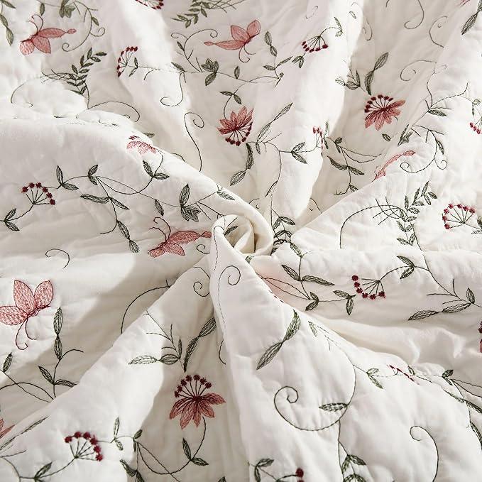 MarCielo 3-Piece 100% Cotton Oversized Bedspread Lightweight Quilt Coverlet Embroidery Farmhouse Bedding Set (TC Soft White,Oversized Queen (100