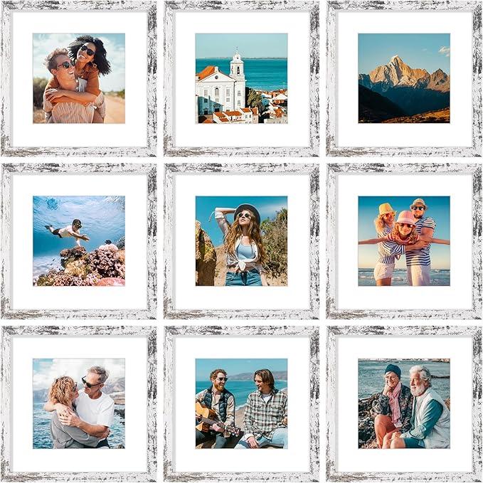 Vittanly 12x12 Picture Frames Set of 9, Shatter Resistant Plexiglass, Display 8x8 Pictures with Mat or 12x12 without Mat, Photo Frames for Wall Mount, Engineered Wood, Distressed White