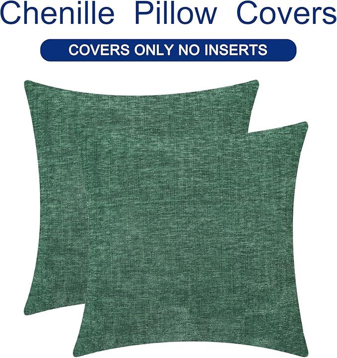 CaliTime Throw Pillow Covers Decorative 18 X 18 Inches Pack of 2 Cozy Chenille Cushion Cases for Couch Sofa Bed Living Room Home Dark Green