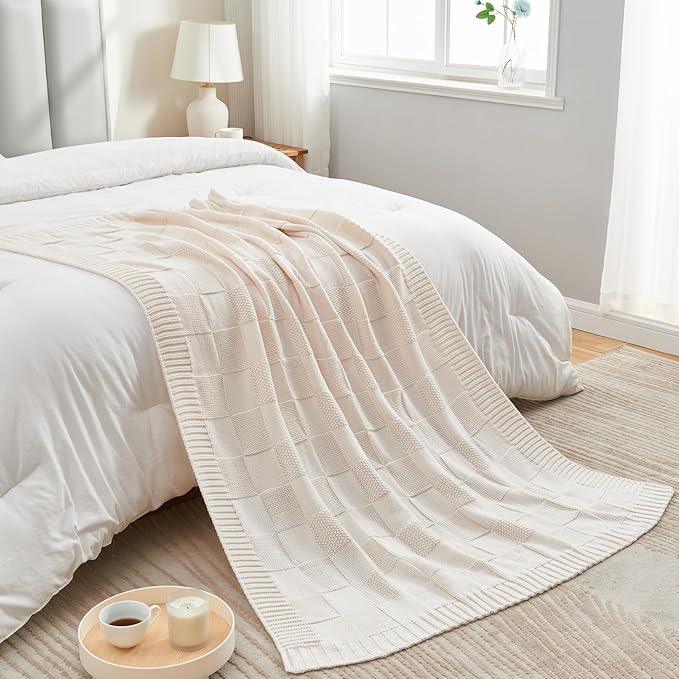 CozeCube Check Knit Throw Blanket, Cream White Checkered Throw for Couch, Decorative Christmas Soft Cozy Warm Knitted Blanket for Bed Sofa Living Room, 60