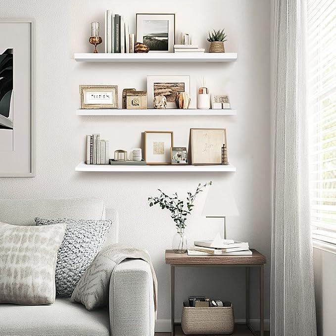 3-Pack Floating Wall Shelves, 24-Inch Rustic White Wooden Shelves for Storage and Décor, Easy Installation for Living Room, Bedroom, and Kitchen