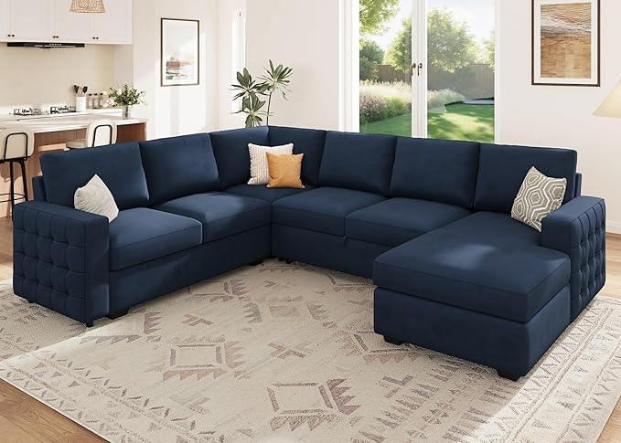 HONBAY Sleeper Velvet Blue Sectional Couch with Pull-Out Bed, Storage Chaise for Living Room