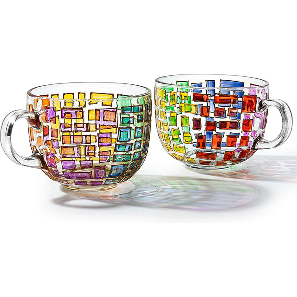 The Wine Savant Renaissance Stained Glass Windows Mugs, Artisanal Hand Painted Set of 2 - Gift Idea for Her, Him, Birthday, Mom, Housewarming - Art Deco Coffee and Tea Set 3.5