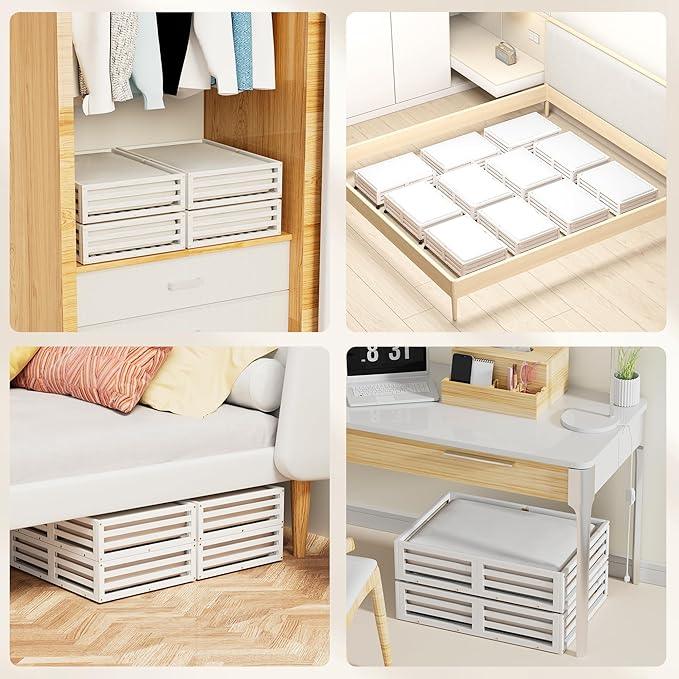 Bamboo Under Bed Storage Containers- Underbed Organizer with Wheels with Large Dust Bag,Sturdy Wood Rolling Under the Bed Shoe Storage Organizer Drawer 2 Packs (White, Small)