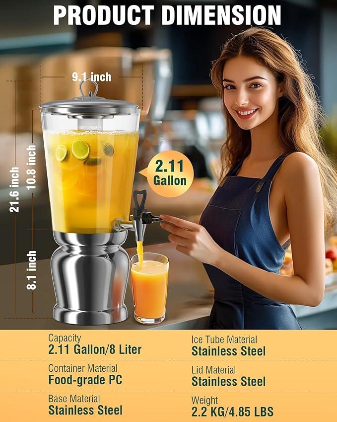 WantJoin Beverage Dispenser With Stand -2 Gallon Beverage Dispenser Drink Dispenser w/Upgraded Dual Cores & Base, Leakproof Spigot, Visible Container, Drink Dispenser For Parties, Events, Gathering