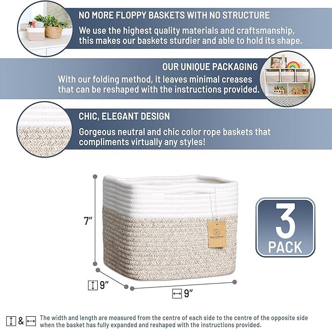 NaturalCozy Storage Cubes 9”x9”x7”Cotton Rope Woven Baskets for Organizing 3-Pack | 9 Inch Cube Storage Bin | Small Basket for Shelf Nursery, Pantry, Decorative Plant, Bathroom Closet, Toy Gift