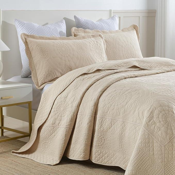 MarCielo 3-Piece 100% Cotton Oversized Bedspread Lightweight Quilt Coverlet Embroidery Farmhouse Bedding (Tf Khaki Beige, Oversized King (118