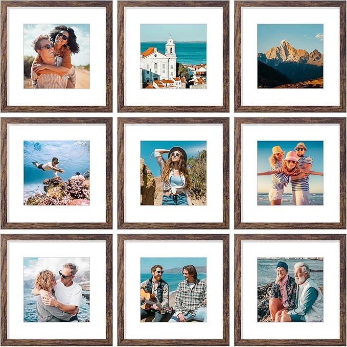 Vittanly 12x12 Picture Frames Set of 9, Shatter Resistant Plexiglass, Display 8x8 Pictures with Mat or 12x12 without Mat, Photo Frames for Wall Mount, Engineered Wood, Brown