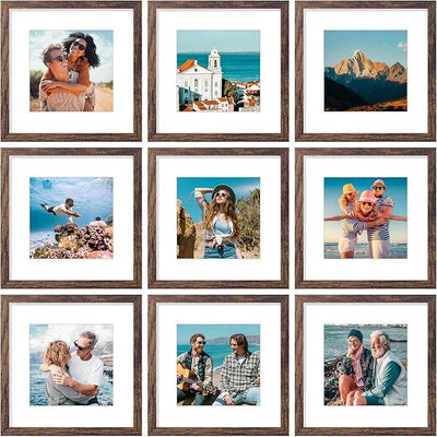Vittanly 12x12 Picture Frames Set of 9, Shatter Resistant Plexiglass, Display 8x8 Pictures with Mat or 12x12 without Mat, Photo Frames for Wall Mount, Engineered Wood, Brown