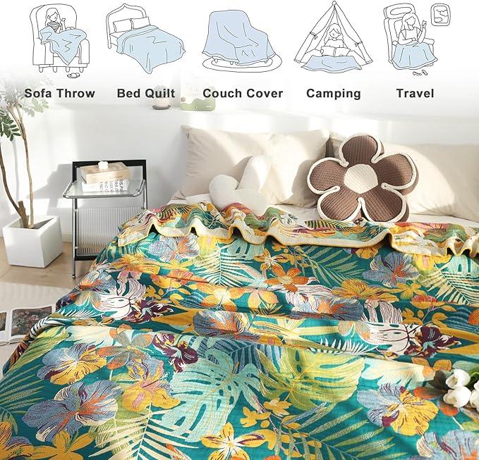 MSGKV Boho Throw Blanket for Couch and Sofa Cotton Blankets for Living Room Bedroom Reversable Florals Throw 60
