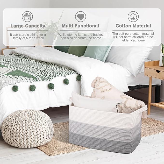 OIAHOMY Rectangle Woven Storage Basket - Nursery Cotton Rope Baskets for Storage, Toy Basket Organizing for Living Room, 17.7